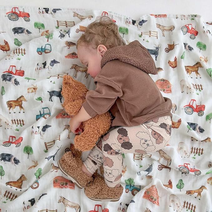 LifeTree Muslin Swaddle Blankets, Baby Swaddles Blanket for Boys Girls Newborn Nursery, Soft Large 47" x 47", Farm Animals, 70% Viscose from Bamboo and 30% Cotton