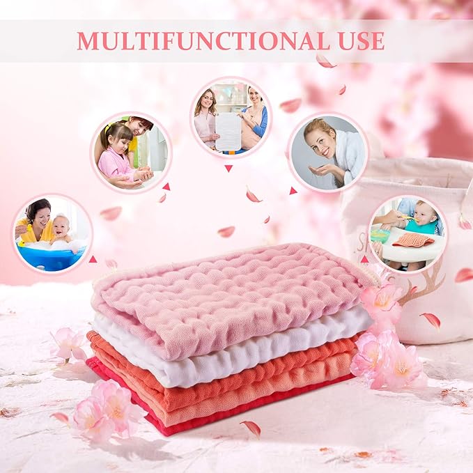 Hicarer 6 Count Muslin Burp Cloths Cotton Baby Burping Rags Large 20 x 10 Inch 6 Layers Spit up Rags Soft Absorbent Multicolor Wash Cloths Diapers for Newborn Baby Girl Boy(Pink Series)