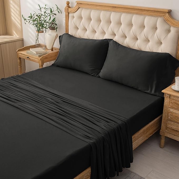 PURE ERA Jersey Knit 4pc Bed Sheet Set 100% T-Shirt Cotton Super Soft Comfy Breathable Fits Mattress Up to 20" Extra Deep Pocket (Solid Black, Full)