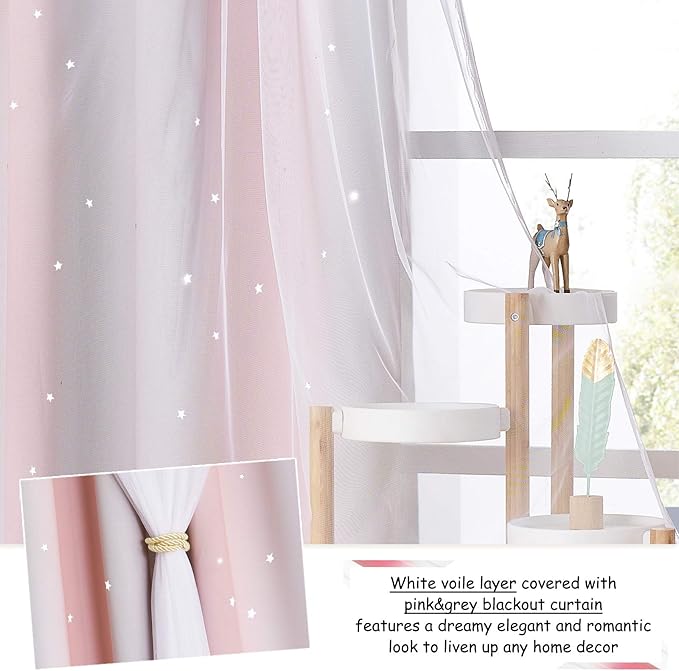 NICETOWN 2 Panels Stars Blackout Curtains for Bedroom Girls Kids Baby Window Decoration Double Layer Star Cut Out Aesthetic Living Room Decor Wall Home Curtain, W34 x L84 Inches, Pink & Grey