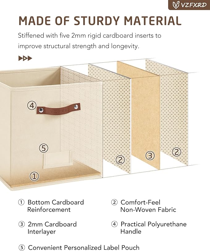 13 Inch Cube Storage Bin 6 Pack Collapsible Fabric Basket with Handles and Labels, Cube Storage Organizer for Closet, Bedroom, Living Room, Beige