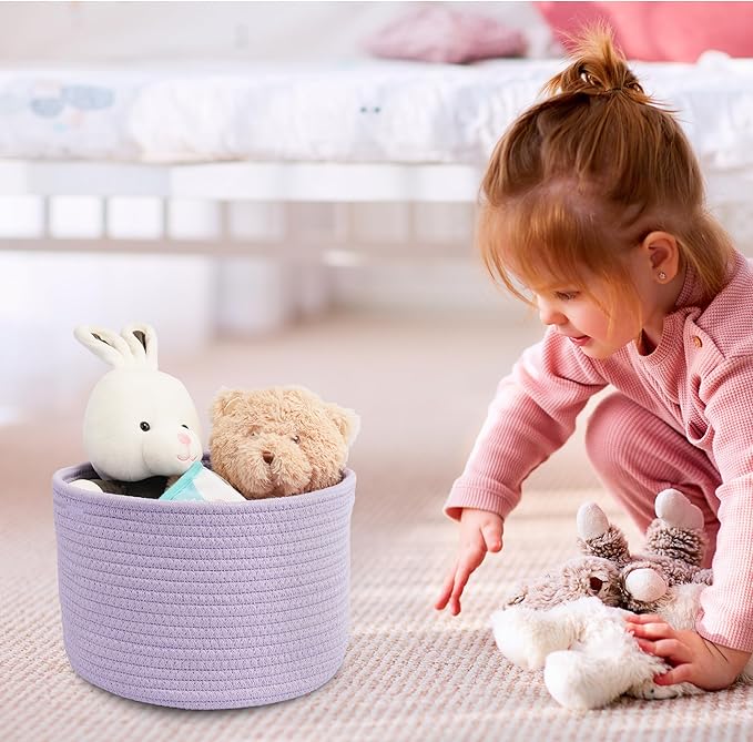 Small round Storage Basket - 3-Pack Round Cube Bins (10x10x7'') for Shelves, Closets & Bookcases | Durable Rope Organizers for Nursery, Baby, Toys, Easter & More (purple)