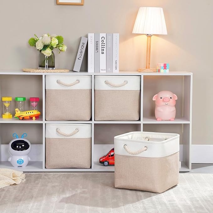 Mangata Canvas Storage Boxes, 11 Inch Cube Storage Bins Set of 6, Fabric Baskets with Cotton Rope Handle for Organizing Clothes Nursery Home (Khaki/White)