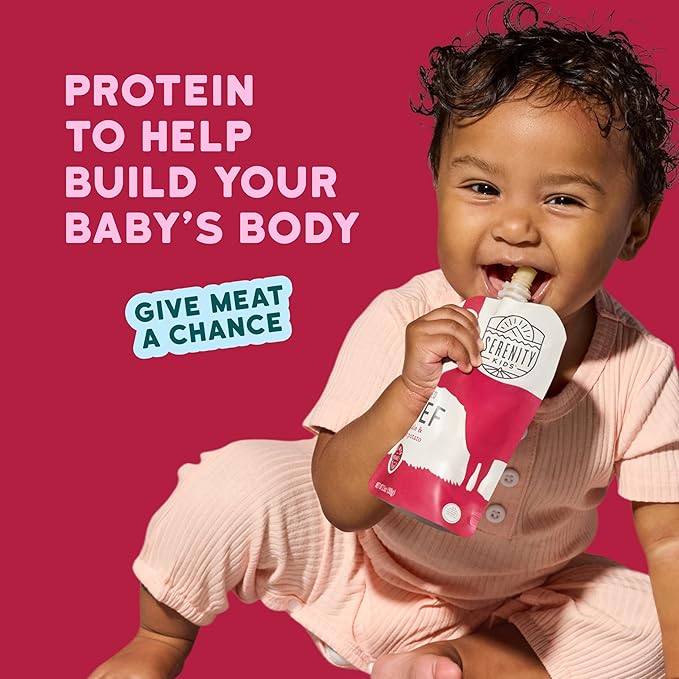 Serenity Kids 6+ Months Baby Food Pouches - Grass-Fed Beef Puree & Organic Sweet Potatoes - Protein Pouches for Toddler Snacks - Recyclable BPA-Free Packaging for Baby Snacks - 3.5 Oz, 6 Pack