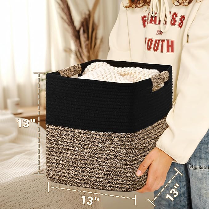 13 Inch Storage Cubes, 3 Pack Cube Storage Bins for Organizing, Cotton Rope Woven Baskets for Shelves, Bathroom, Kids Room, Closets, Baby Nursery