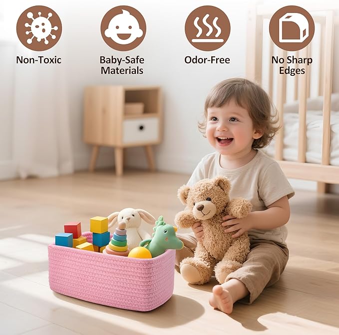 5-Pack Small Woven Rope Storage Baskets – 2 Sizes Organizer Bins for Closet, Shelf, Bookshelf, Nursery, Changing Table, Fabric Cube Boxes, Rectangular Shallow Bins for Bathroom, Toy & Home