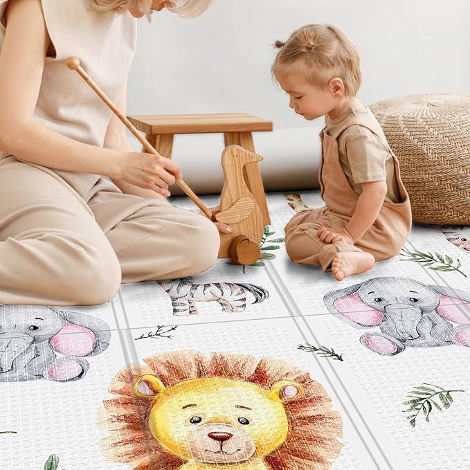 71x59 Foldable Baby Play Mat for Floor, Foam Playmat for Babies 0-12 Months, Kids Non Toxic Thick Play Mat , Waterproof & Anti-slip Crawling Toddlers Mats, Babies Activity Tummy Time Playmat, Lion,71x59
