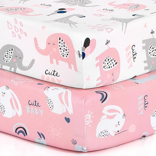 BROLEX Baby Fitted Crib Sheets: Kid Crib Sheets - Set of 2 for Toddler Standard Size Crib Mattress for Boys and Girls - Jersey Knit Crib Bed Sheets Elephant Rabbit