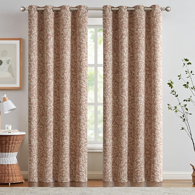 jinchan 80% Blackout Curtains for Living Room, Farmhouse Drapes with Scroll Floral Patterned for Bedroom, Grommet Top Thermal Insulated Curtains, Vintage Country Drapes 96 inch Length 2 Panels Taupe