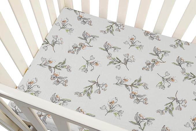 Onacosht Muslin Crib Sheets for Boys Girls, Soft Breathable 100% Cotton Baby Fitted Sheet 52" x 28" for Standard Toddler Crib Mattress, 2 Pack, Leaf and Yellowish Green