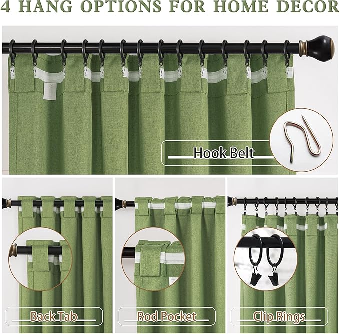 DUALIFE Back Tab Curtains 132 Inch Length-Pocket Hook Belt Linen Long Drapes for High Ceiling Loft Living Room Thermal Insulated Light Blocking Drapes for Bedroom 2 Panels Set 50X132 Inches Sage Green
