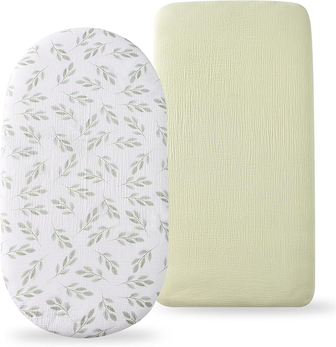 Organic Cotton Muslin Bassinet Sheets, 2 Pack – Soft, Breathable, Universal Fit for Oval, Rectangle & Hourglass Mattresses, Machine Washable, Neutral Colors for Baby Boys & Girls