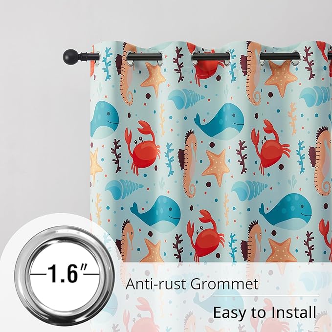 Kids Blackout Curtains - Ocean Whale Design, 100% Blackout, 2 Panels, Each W52×L63, Thermal Insulated for Bedroom, Noise Reducing, Excellent Colorfastness, Dive into an underwater adventure