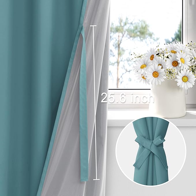XWZO 100% Blackout Curtains - Thermal Insulated Black Liner Curtains, Noise Reducing and Heat Blocking Drapes for Hall and Studio Windows with Tiebacks, Stone Blue, W38 x L45, Set of 2