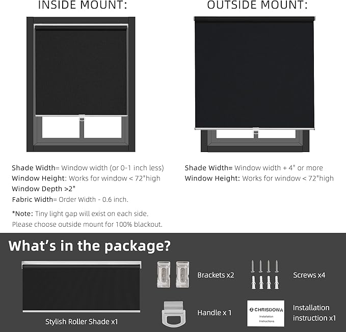 ChrisDowa Cordless Free-Stop 100% Blackout Blinds for Windows, Roller Windows Shades with Thermal Insulated, UV Protection Fabric for Living Room, Office and Home. Easy to Install.Black,23" W X 72" H