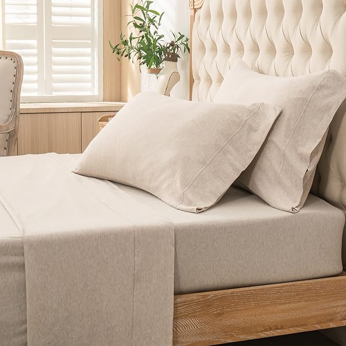 PURE ERA Jersey Knit 3pc Bed Sheet Set 100% T-Shirt Cotton Super Soft Comfy Breathable Fits Mattress Up to 20" Extra Deep Pocket (Heather Beige, Twin)