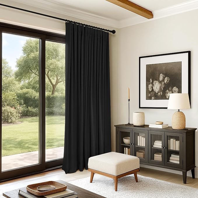 INOVADAY 100% Blackout Curtains for Bedroom, Black Out Curtains 90 Inch Long, Clip Rings Linen Blackout Drapes, Thermal Insulated Room Darkening for Living Room, 1 Panel - Black,W102xL90