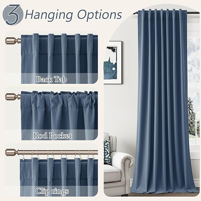 Guken 100% Blackout Curtains 72 Inch Length 2 Panels Set for Living Room Bedroom Back Tab Thermal Insulated Black Out Linen Drapes Room Darkening Window Curtains 72 Inches Long,Denim Blue