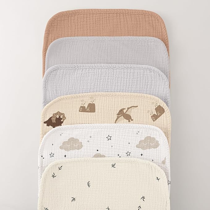 Bearmoss Muslin Burp Cloths, 100% Cotton Baby Burping Clothes, Large Extra Soft Absorbent for Unisex Newborn Boy and Girl, 20x10in, 6 Pack, Grey Print