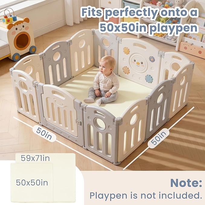 ACOMOPACK 1.3" Thick Baby Play Mat for Floor 50x50"-Memory Foam Water-Repellent Playpen Mat for Tummy Time,Non-Slip Soft Velvet Nursery Rug for Kids,Toddlers,Infants Crawling（Beige）