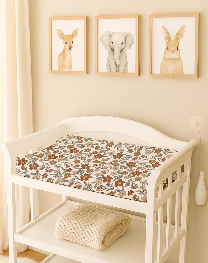 Changing Pad Cover for Baby Boys Girls 2 Pack, Fits Standard 32”×16” Changing Table Pads, Silky Breathable Stretch Knit, Machine Washable (Rusty Garden)