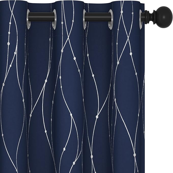 Deconovo Navy Blue Curtains, Blackout Curtain for Bedroom, 42 x 84 Inch, Thermal Insulated Soundproof Privacy Drapes with Silver Wave Dots Pattern, Grommet Top, Machine Washable Panel for Living Room