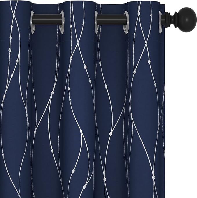 Deconovo Blackout Curtains 63 Inch Length for Living Room, Navy Blue Curtain, Thermal Insulated Soundproof Privacy Curtain with Silver Wave Dot Print, Machine Washable Window Panel for Bedroom Nursery