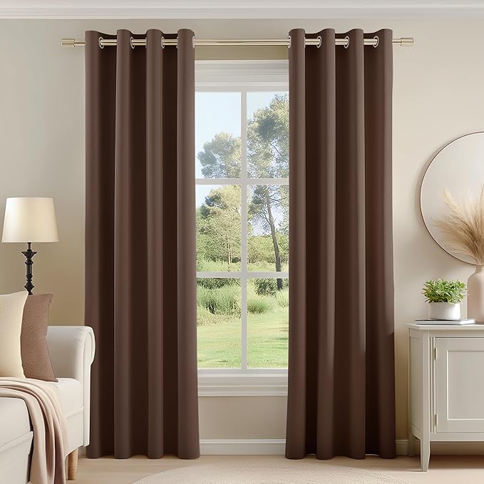 FMFUNCTEX 100% Blackout Curtains for Bedroom, Coffee Brown Curtains 90 Inches Long Textured Thermal Insulated Curtains for Living Room Drapes, Black Out Drapery Grommet Room Darkening 2 Panels