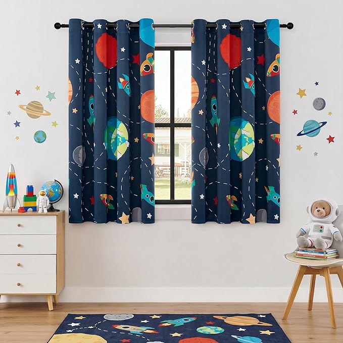 Kids Space Themed Blackout Curtains - 2 Panels, Each W52×L72, 100% Blackout, Perfect for Bedroom and Nursery, Energy Saving with Vibrant Cosmos Patterns