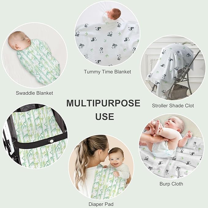 2-Pack Baby Swaddle Blankets, Soft & Breathable Muslin Swaddle for Newborns, 47 x 47 Inches, Unisex, Bamboo Forest & Panda Prints