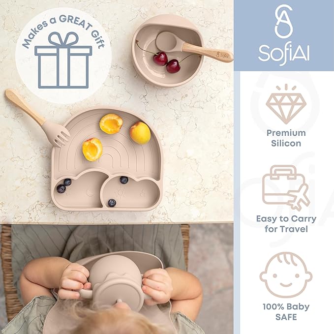 SofiAl All In One Silicone Feeding Set - Safe for 6-12 Months - Non-Toxic Baby Led Weaning Supplies - Toddler Self Feeding Utensils - BPA-Free - Mess Free Essentials
