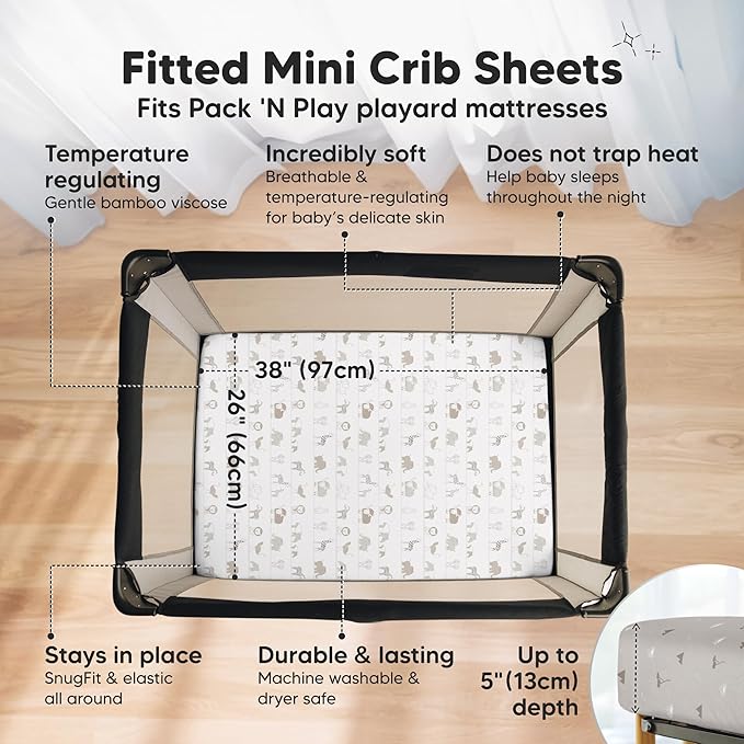 Pack and Play Sheets Fitted - 2-Pack Mini Crib Sheets for Pack N Play Mattress 38x26, Soft & Cozy, Neutral Toddler Playard Bedding, Snug Fitted Mini Baby Crib Mattress Cover Boy, Girl (Savannah)