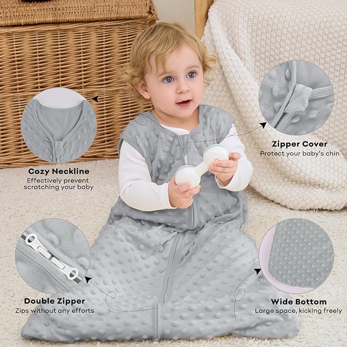 FIEMOL Fleece Baby Sleep Sack 0-6 Months, 1.5 TOG Cotton Baby Wearable Blanket With Soft Plush Dots, 2 Pack Newborn and Infant Warm Sleeping Sack with 2-Way Zipper Green&Grey