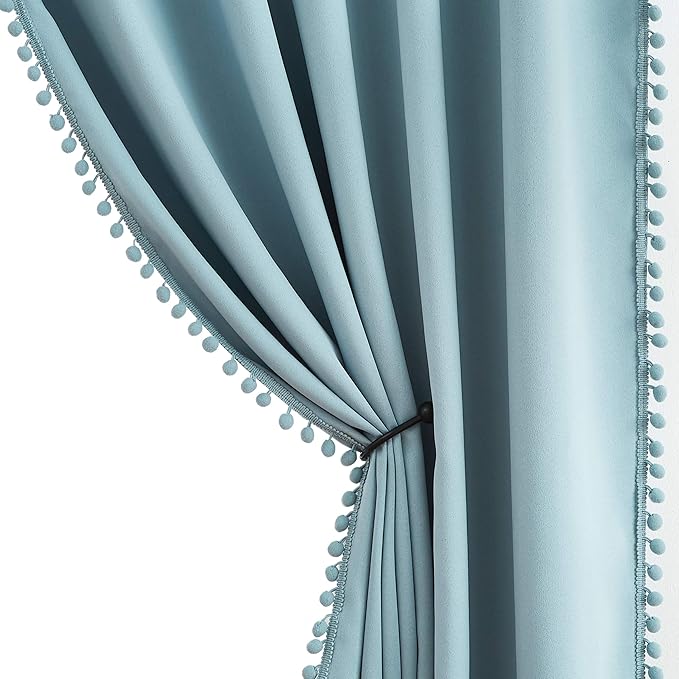 Treatmentex Blue Pom Pom Curtains for Living Room Bedroom 63 inch Thermal Insulated Half Blackout Curtain Drapes for Girls Boys Room Guest Room 52" w x2 Panels Rod Pocket