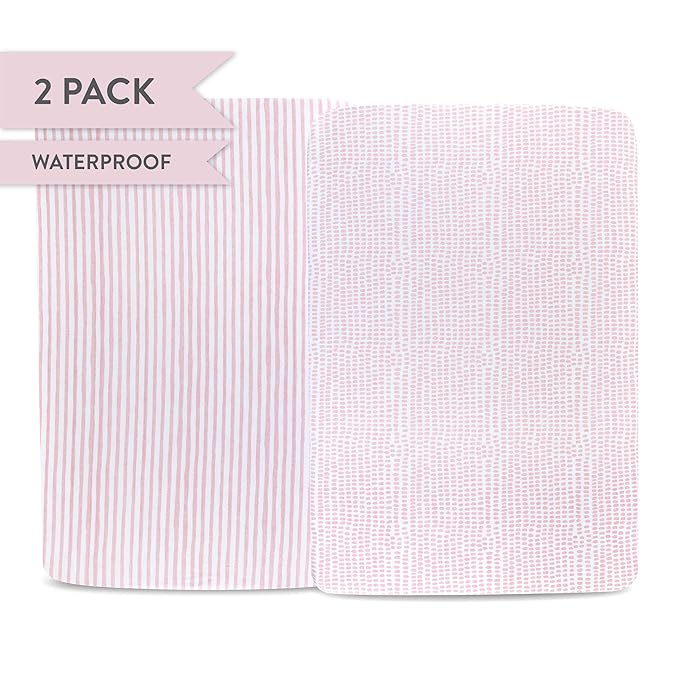 Ely’s & Co. Waterproof Crib Sheets/Toddler Bed Sheets – All-in-One Mattress Protector + Fitted Sheet – Soft Jersey Cotton, Mauve Pink Splash & Stripes, Baby Girl Nursery Bedding Essential – 2-Pack