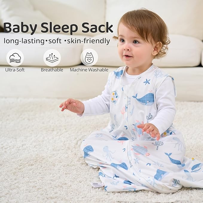 FIEMOL Baby Sleep Sack 12-18 Months, 0.5 TOG Wearable Blanket for Baby Boy and Girl, 2-Way Zipper Toddler Sleeping Bag 2 Pack, Lightweight Sleep Sacks Blue Whale（Large）