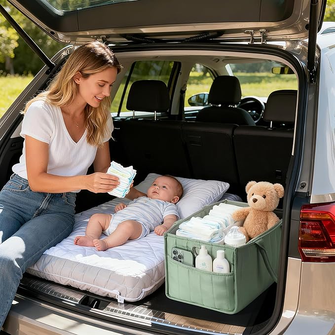Zooawa Baby Diaper Caddy Organizer, Portable Nursery Storage Basket with Compartments, Handle & Shoulder Strap for Newborn Baby Essentials, Gift for Baby Shower, Nursery, Travel, Car, Matcha Green