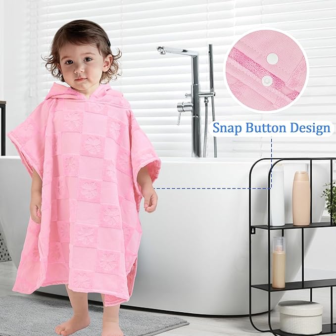 Toddler Bath Towels with Hood, Oversized (2-4Years,22"X22") Made from 100% Soft Cotton,Absorbent Hooded Poncho Towel for Baby Girl,Perfect for Pool | Swimming | Beach,Jacquard Checkered Pink Flower