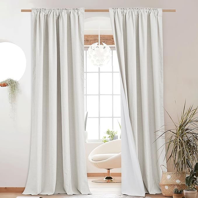 NICETOWN 100% Absolutely Blackout Linen Curtains with Thermal Insulated White Liner, Ivory, W52, 2 Pieces, Back Tab Noise Reducing Textured Linen Look Windows Curtains 90" Length for Classroom