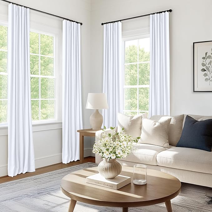 INOVADAY 100% Blackout Curtains for Bedroom, Black Out Curtains 90 Inch Long, Clip Rings Linen Blackout Drapes, Thermal Insulated Room Darkening for Living Room, 2 Panels - Brightwhite,W50xL90