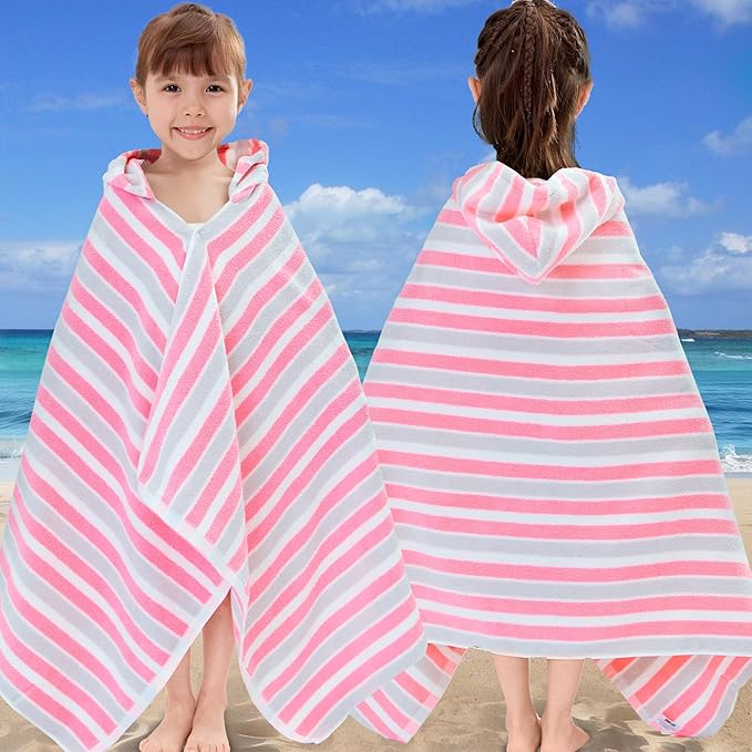 VOOVA & MOVAS Hooded Towels for Kids - 100% Cotton (3-10Years) - Quick Dry Absorbent Lightweight Wrap Towel for Pool | Swim | Beach | Bath, Girls, Pink Gray Stripe