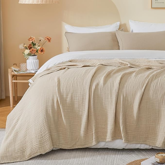 EMME Cotton Muslin Large Throw Blanket Couch Breathable Gauze Soft Lightweight Bed Blankets Adults (Beige, 50"x70")