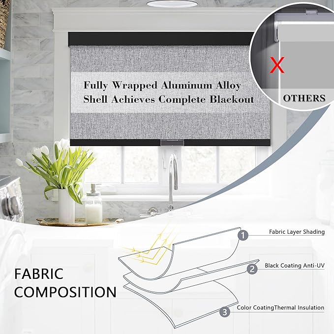 AOSKY Blackout Roller Shades Cordless Blinds for Windows, Free-Stop Shades with Valance, Thermal Insulated Fabric, UV Protection, Natural Woven Blinds for Home and Office (37" W x 72" H, Heather Grey)
