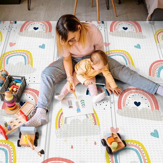 71x59 Foldable Foam Baby Play Mat for Floor, Babies Activity Tummy Time Playmat, Kids Non Toxic Foam Thick Play Mat for Baby, Toddlers, Waterproof & Anti-slip Crawling Mats,Rainbow,71x59x0.4