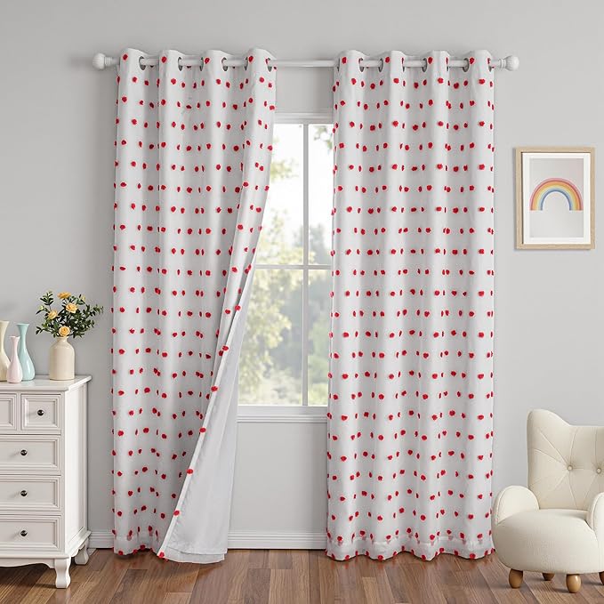 MYSKY HOME Red Christmas Blackout Curtains for Living Room 84 Inches Long Total Light Blocking Curtains for Bedroom 2 Panels Grommet 100% Thermal Insulated Window Drapes with Red Pom Sheer 52W x 84L