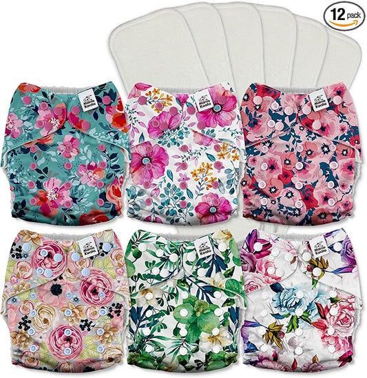 Mama Koala 3.0 Pocket Cloth Diapers for Babies with AWJ Lining, 6 Pack with 6 5-Layer Natural Cloth Diaper Inserts - Reusable and Washable Pocket Diapers(A-Bloomin' Lovely)