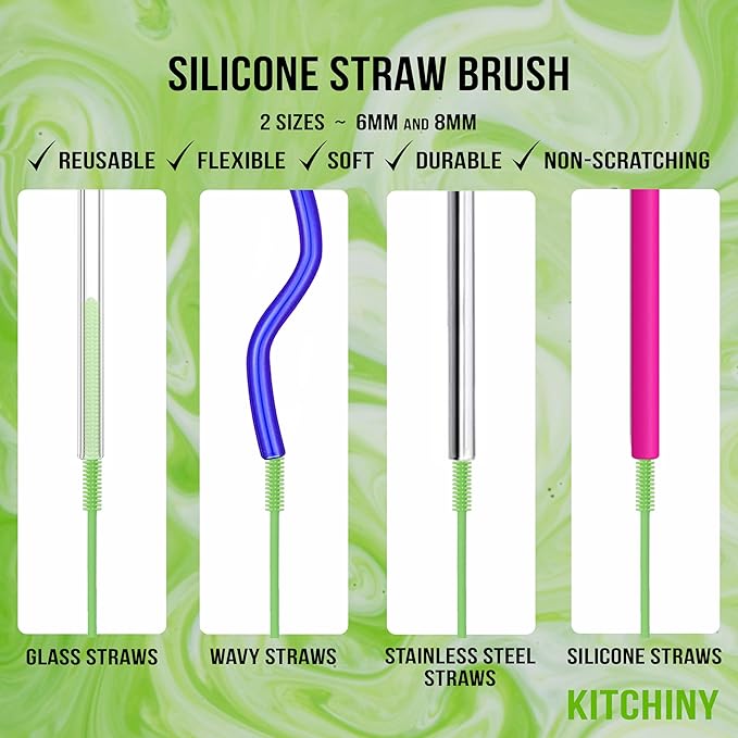 Kitchiny 12.5" Silicone Bottle Brush & Straw Cleaner Brush Set | Water Bottle Cleaner for Hydro Flasks, Tumblers, Glassware, Vases and Narrow Neck Containers