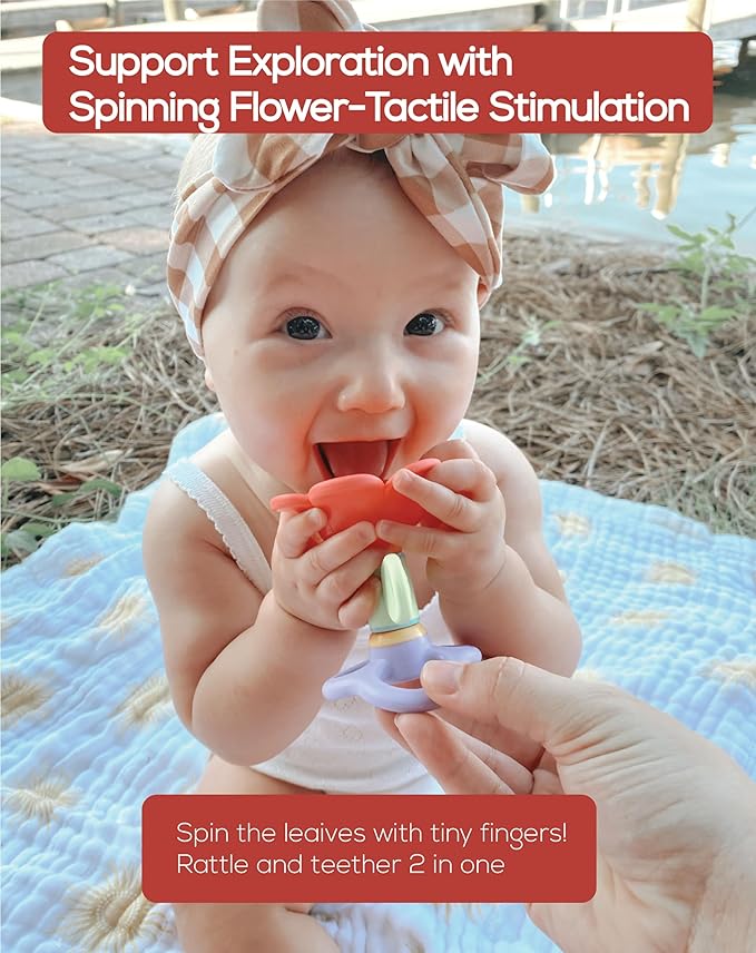 BaBeloved Spinning Flower Baby Teething Toys Multiple Sensory Montessori Durable Cute Infant Soft Food-Grade Teethers for Baby Rattling Teething Relief, Chew Toy for Babies 0-12 Months, BPA Free