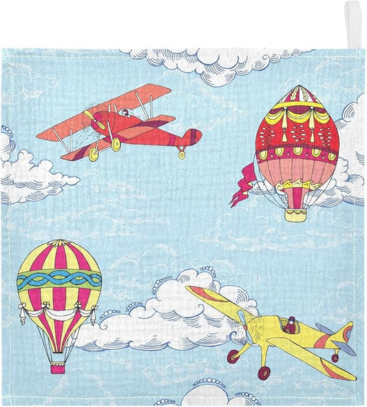 vvfelixl Baby Muslin Washcloths Hot Air Balloons Airplanes Baby Burp Cloths Cotton Baby Face Towel for Newborn Infants Boys Girls Soft and Absorbent 11.8 X 11.8 in, 3 Pack
