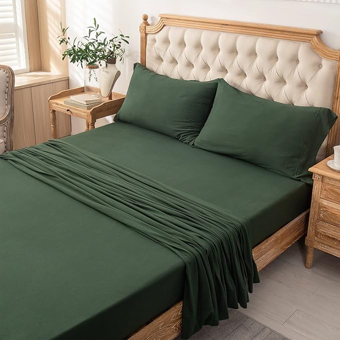 PURE ERA Jersey Knit 4pc Bed Sheet Set 100% T-Shirt Heather Cotton Super Soft Comfy Breathable Fits Mattress Up to 20" Extra Deep Pocket (Forest Green, Cal King)